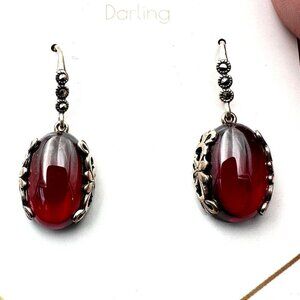 Sterling Silver Womans Earrings Red Glass Marcasite Pierced Chandelier Gift Idea
